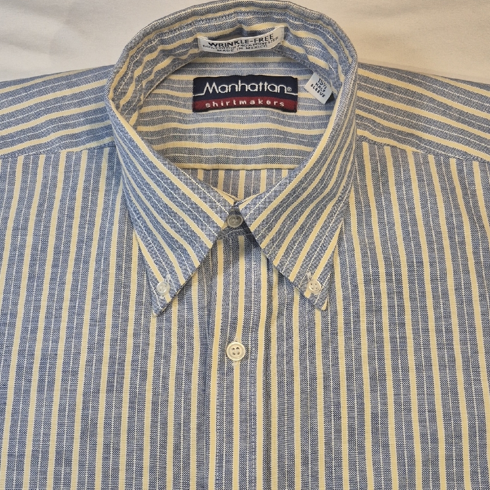 Manhattan Shirtmakers Short Sleeve Blue and White Striped Casual Shirt